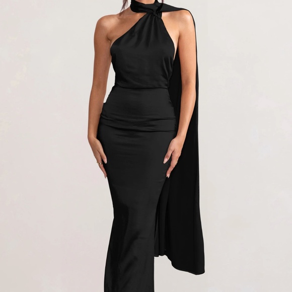 Mademoiselle | Black Satin Asymmetric Scarf Neck Backless Maxi Dress Mademoiselle | Black Satin Asymmetric Scarf Neck Backless Maxi Dress